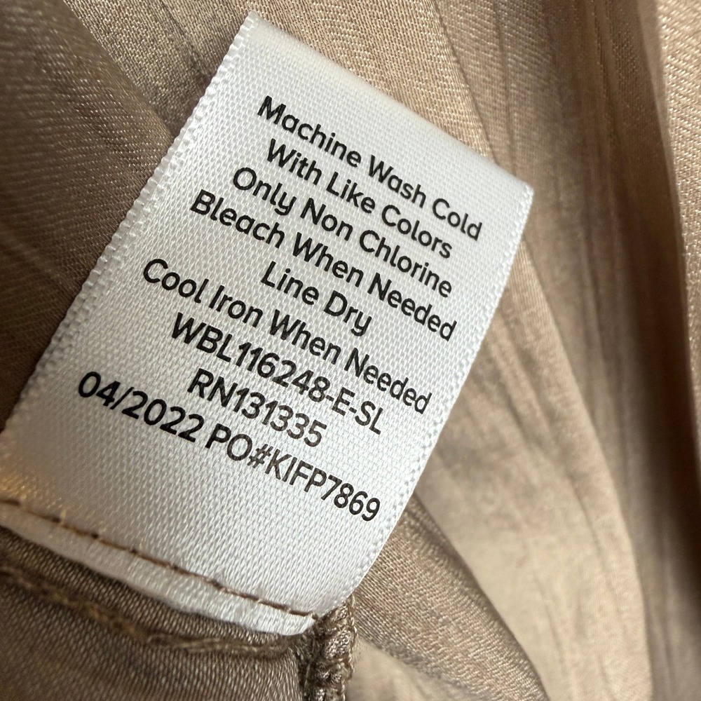 Evereve Pleated Ruffle Sleeve Blouse M Taupe Satin Tie Neck Top Work Travel Chic - Picture 8 of 11